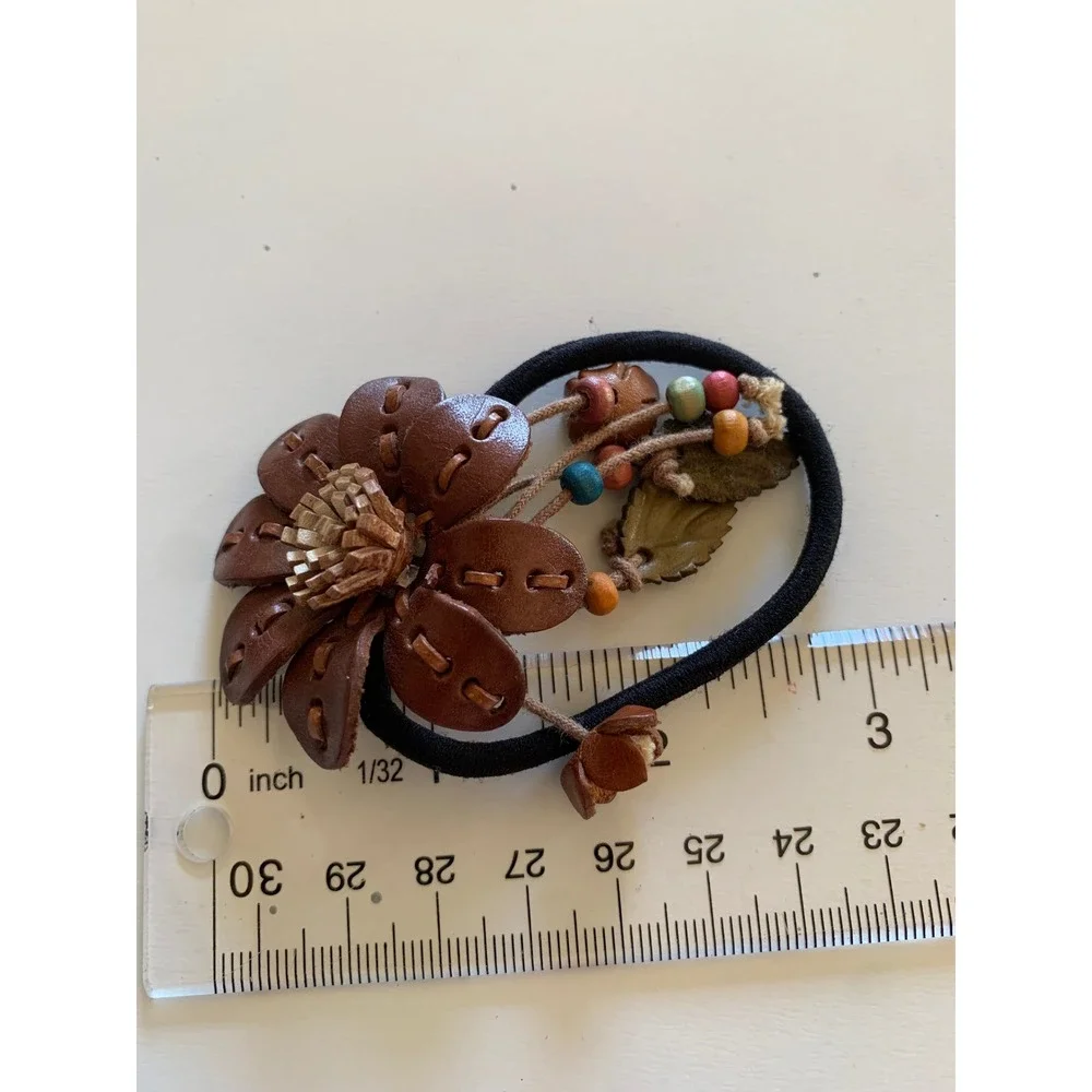 Leather Flower Hair Tie Pony Tail Holder Stitched Beads Boho Brown